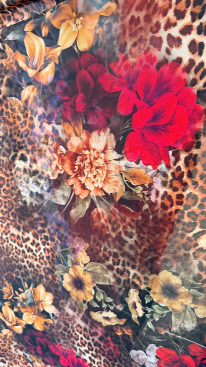 New exotic leopard design with red roses print on power mesh 4-way stretch 58/60” Sold by the YD. Ships worldwide from Los Angeles
