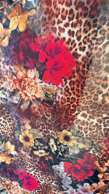 New exotic leopard design with red roses print on power mesh 4-way stretch 58/60” Sold by the YD. Ships worldwide from Los Angeles