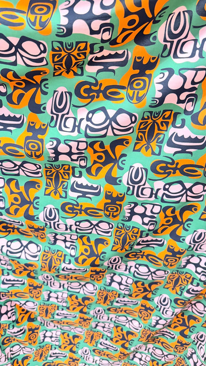NEW African Abstract design Green Multicolor print on nylon spandex 4-way stretch 58/60” Sold by the YD. Ships Worldwide from Los Angeles CA