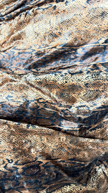 New Exotic Snake design Brown/Gold  print on stretch velvet  4-way Stretch great quality of velvet 58/60” Sold by the YD.