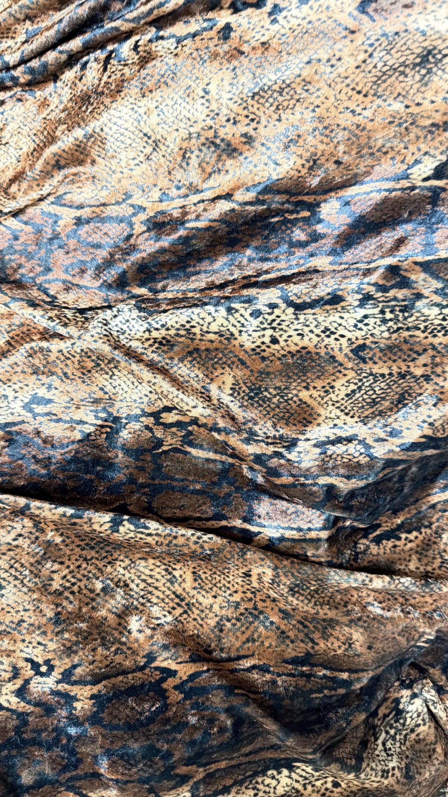 New Exotic Snake design Brown/Gold  print on stretch velvet  4-way Stretch great quality of velvet 58/60” Sold by the YD.