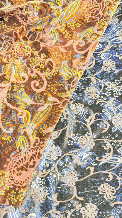 New burnout velvet exotic Flower paisley design multicolor 4way Stretch 58/60" Sold by the YD. Ships worldwide from Los Angeles California