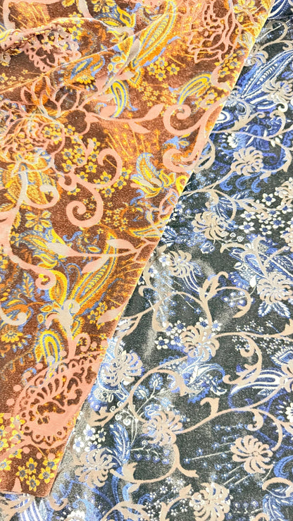 New burnout velvet exotic Flower paisley design multicolor 4way Stretch 58/60" Sold by the YD. Ships worldwide from Los Angeles California