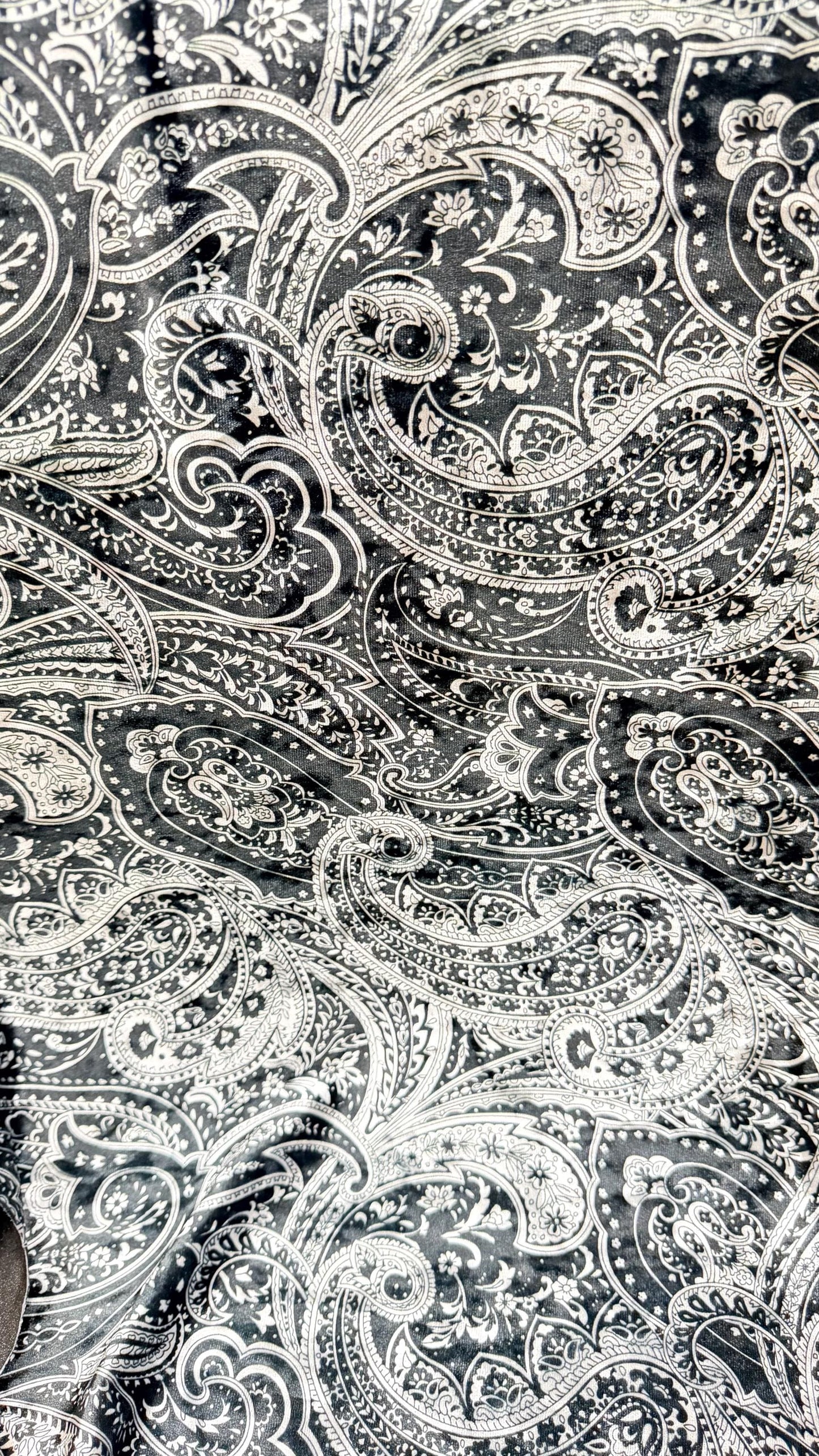 New Luxury paisley design black color print on best quality of velvet 4-way stretch 58/60” Sold by the YD. Ships Worldwide from Los Angeles