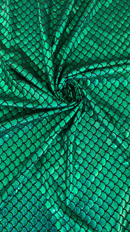 New Mermaid design Medium size hologram metallic nylon spandex 4-way stretch 58/60” Sold by the YD. Ships worldwide from Los Angeles CA USA.