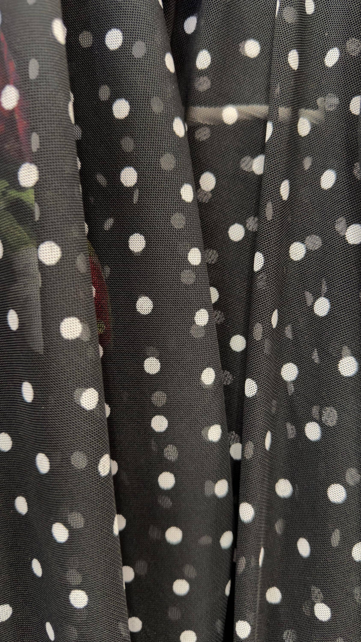 New polka dots design print on power mesh 4-way stretch Black/white 58/60” Sold by the YD. Ships worldwide from Los Angeles California USA.