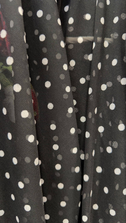 New polka dots design print on power mesh 4-way stretch Black/white 58/60” Sold by the YD. Ships worldwide from Los Angeles California USA.