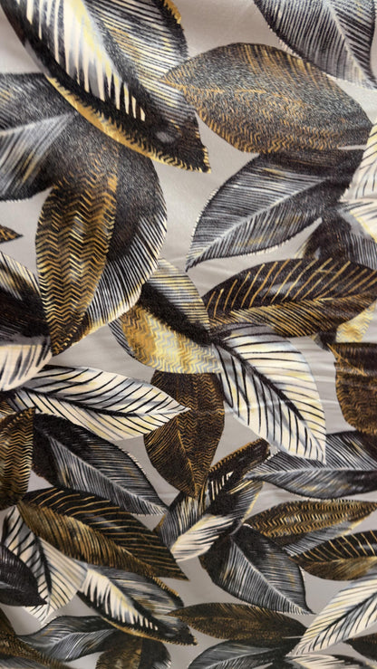 New Luxury Leaf design Silver/Gold/Gray  metallic nylon spandex with foggy foil 4-way stretch 58/60” High quality fabrics by AlexLAFabrics