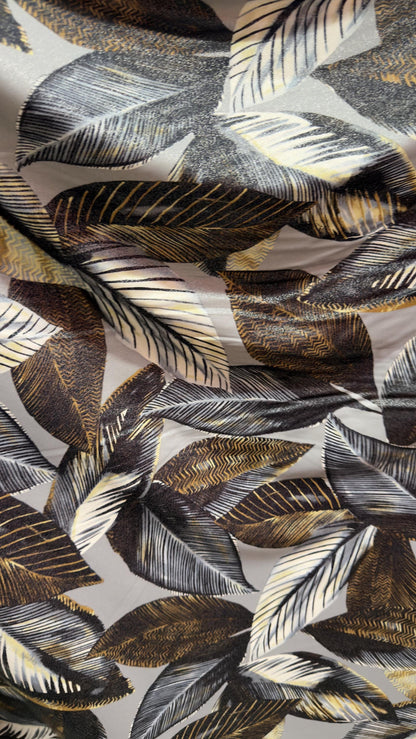 New Luxury Leaf design Silver/Gold/Gray  metallic nylon spandex with foggy foil 4-way stretch 58/60” High quality fabrics by AlexLAFabrics