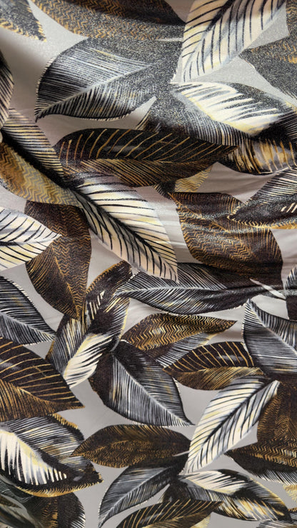 New Luxury Leaf design Silver/Gold/Gray  metallic nylon spandex with foggy foil 4-way stretch 58/60” High quality fabrics by AlexLAFabrics