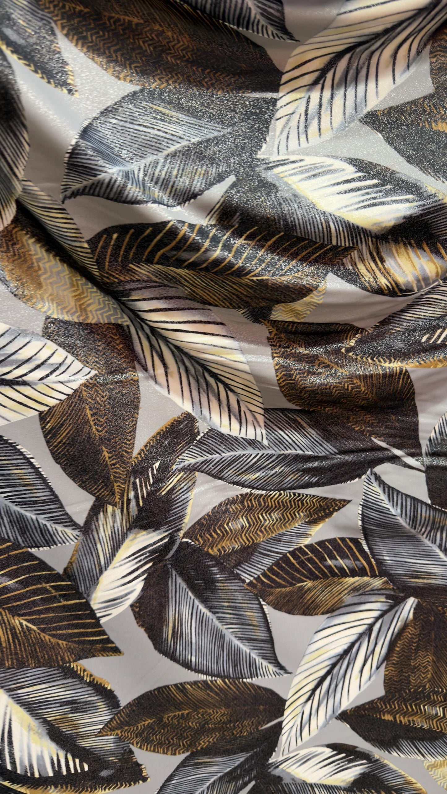 New Luxury Leaf design Silver/Gold/Gray  metallic nylon spandex with foggy foil 4-way stretch 58/60” High quality fabrics by AlexLAFabrics