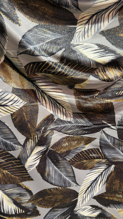 New Luxury Leaf design Silver/Gold/Gray  metallic nylon spandex with foggy foil 4-way stretch 58/60” High quality fabrics by AlexLAFabrics