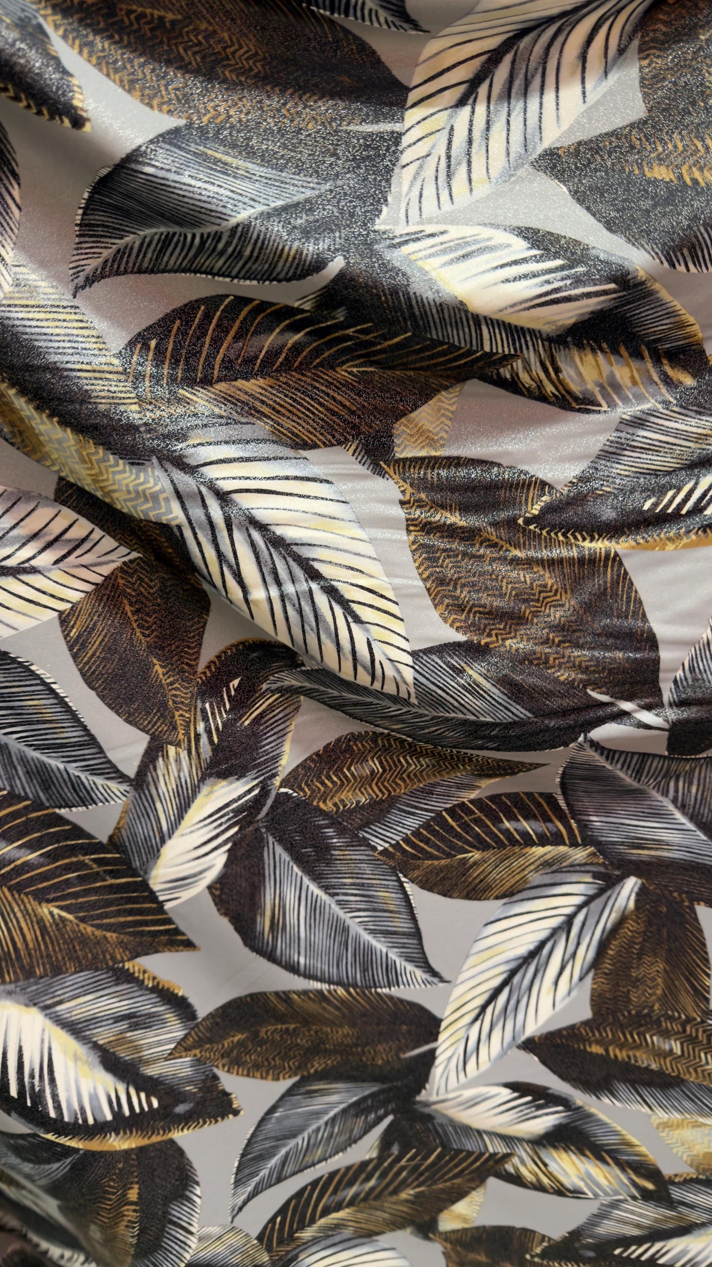 New Luxury Leaf design Silver/Gold/Gray  metallic nylon spandex with foggy foil 4-way stretch 58/60” High quality fabrics by AlexLAFabrics