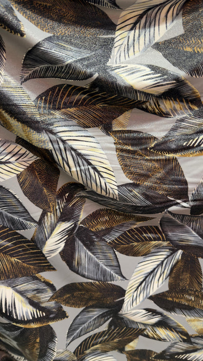 New Luxury Leaf design Silver/Gold/Gray  metallic nylon spandex with foggy foil 4-way stretch 58/60” High quality fabrics by AlexLAFabrics