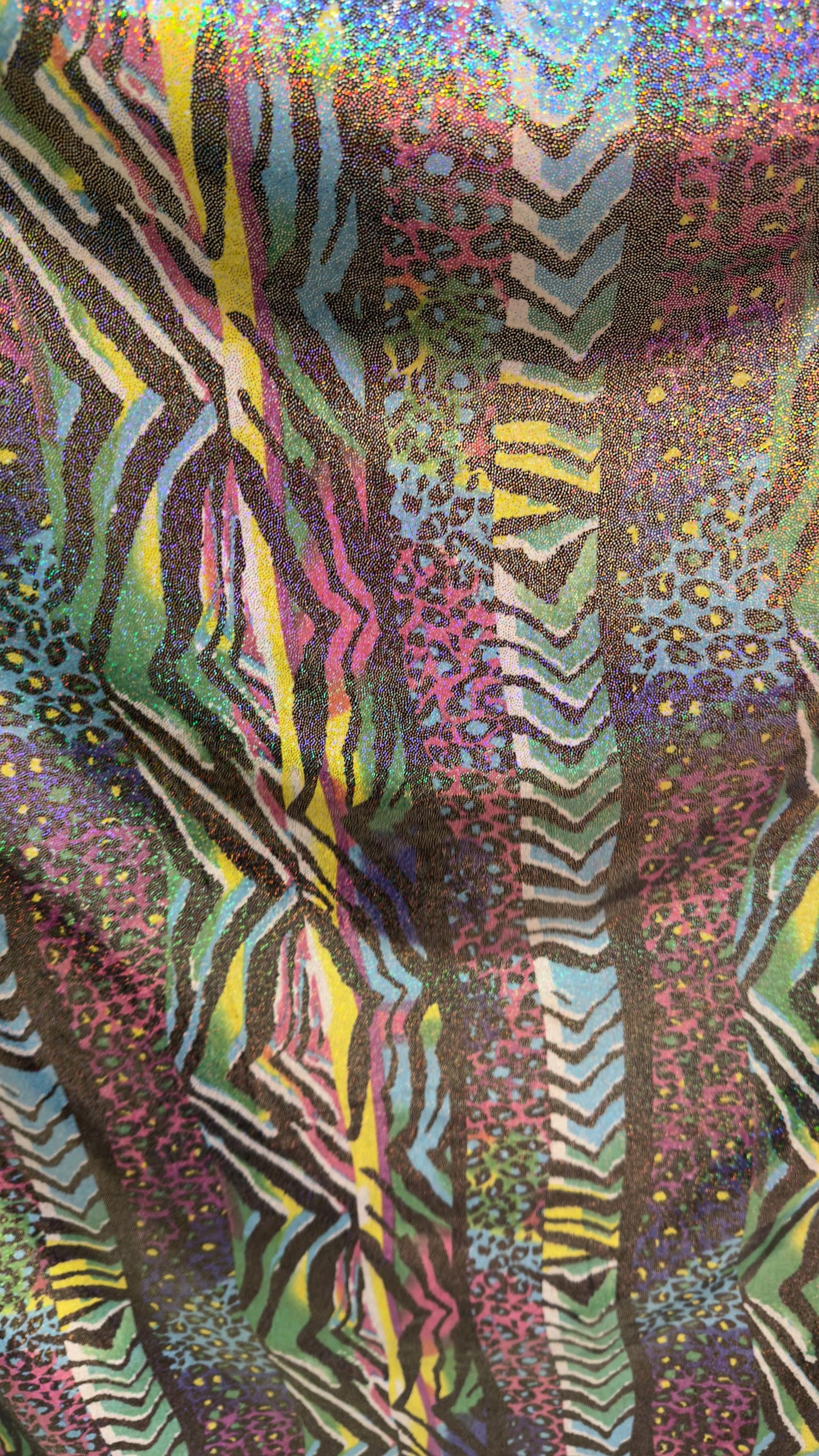 New Safari design multicolor Hologram metallic nylon spandex with foggy foil  4way stretch 58/60" Sold by the yd. Ships worldwide
