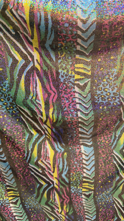 New Safari design multicolor Hologram metallic nylon spandex with foggy foil  4way stretch 58/60" Sold by the yd. Ships worldwide