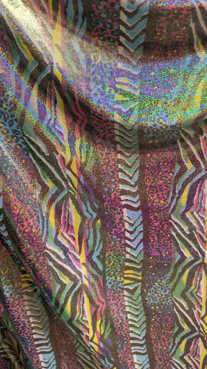New Safari design multicolor Hologram metallic nylon spandex with foggy foil  4way stretch 58/60" Sold by the yd. Ships worldwide
