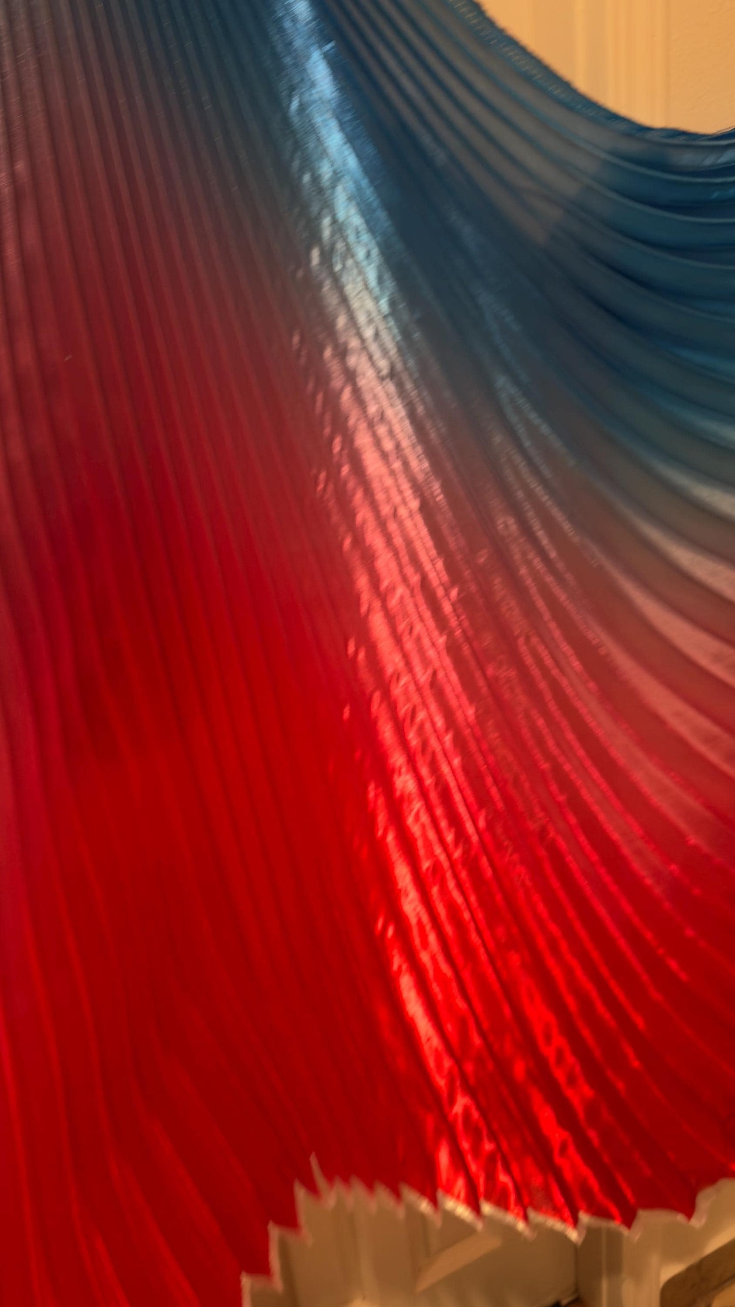 Luxury Ombre sunburst design sapphire/Red silky organza pleated 3.5 yds length by 60”width Sold by the Peace. Luxury fabrics by AlexLAFabric