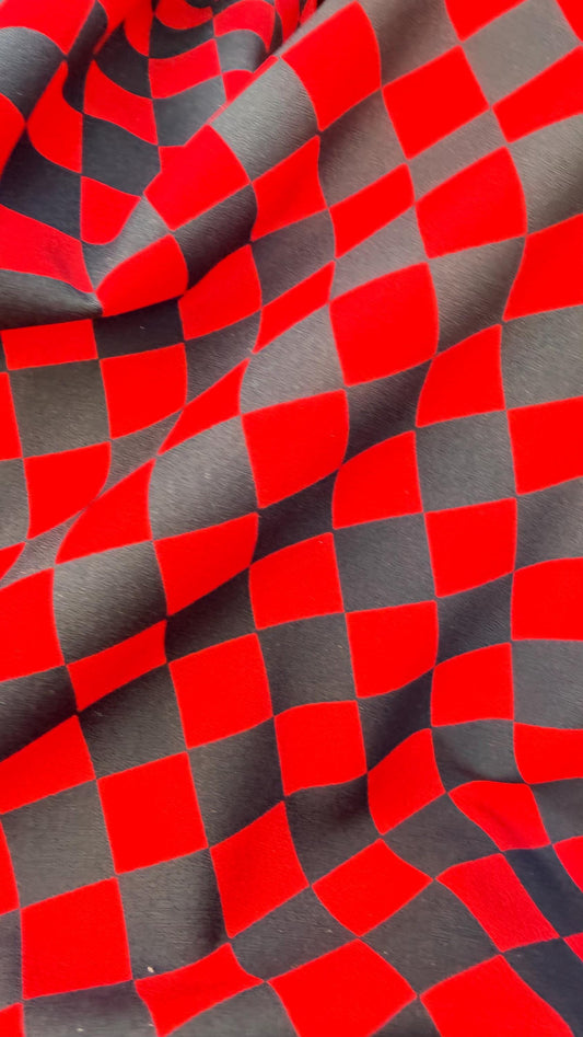 Checkered design 1" Red/Black  print on poly spandex 4way stretch 58/60" Sold by the YD. Ships worldwide from Los Angeles California USA