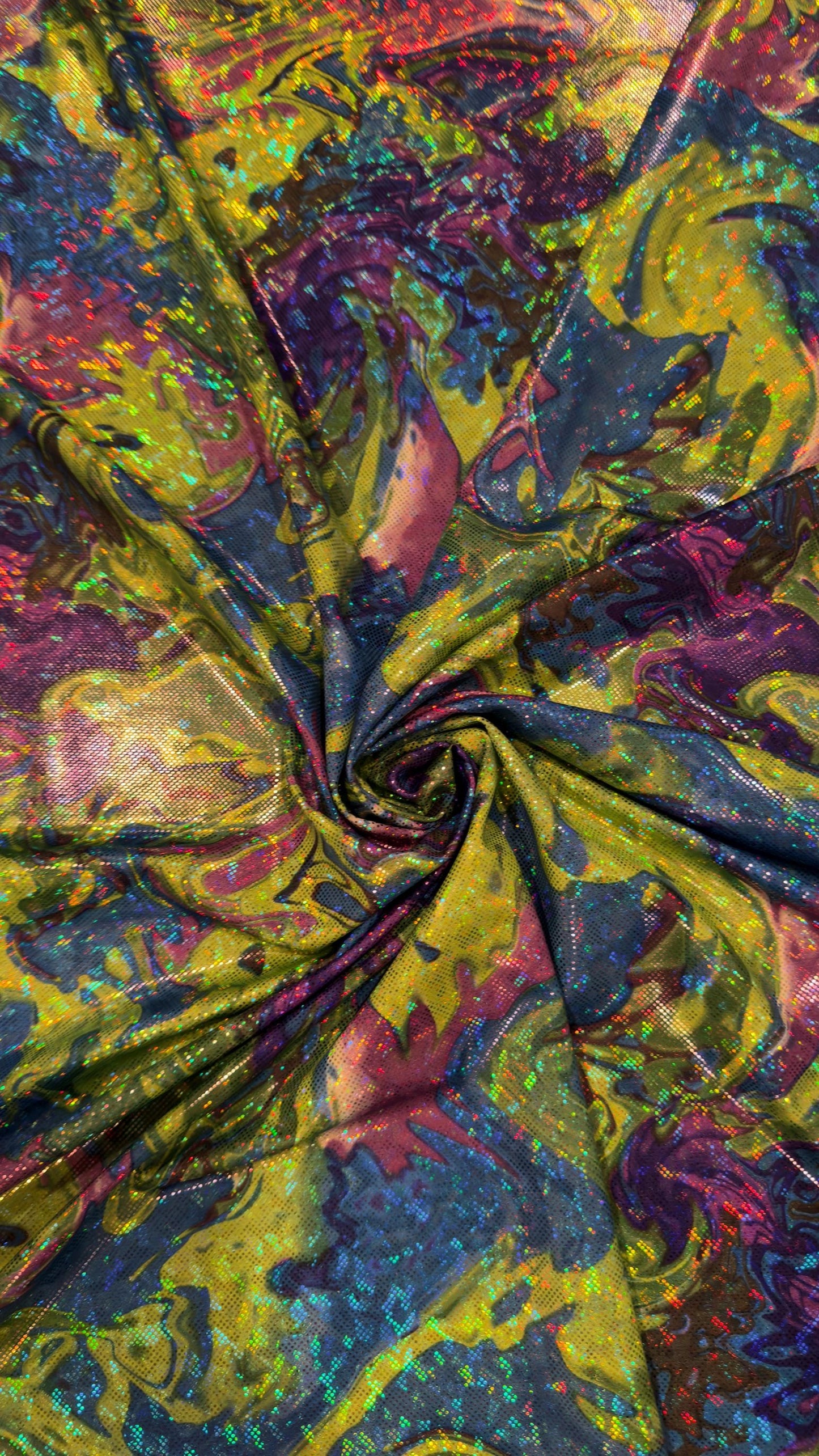 New Abstract Lava design hologram metallic nylon spandex 4way stretch 58/60" Sold by the YD. Ships worldwide from Los Angeles California USA