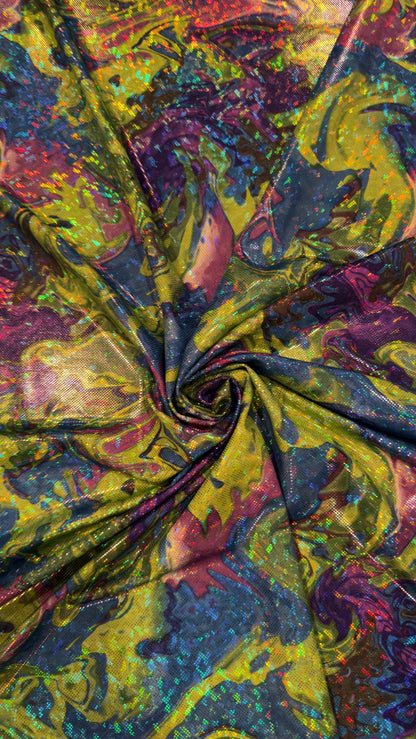 New Abstract Lava design hologram metallic nylon spandex 4way stretch 58/60" Sold by the YD. Ships worldwide from Los Angeles California USA
