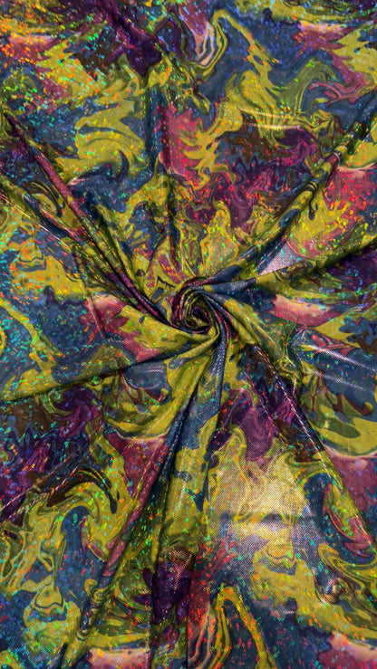 New Abstract Lava design hologram metallic nylon spandex 4way stretch 58/60" Sold by the YD. Ships worldwide from Los Angeles California USA