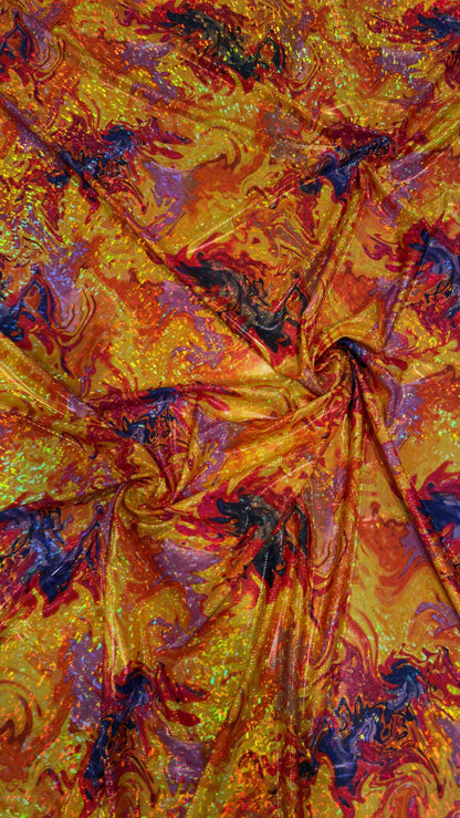 New Abstract Lava design hologram metallic nylon spandex 4way stretch 58/60" Sold by the YD. Ships worldwide from Los Angeles California USA