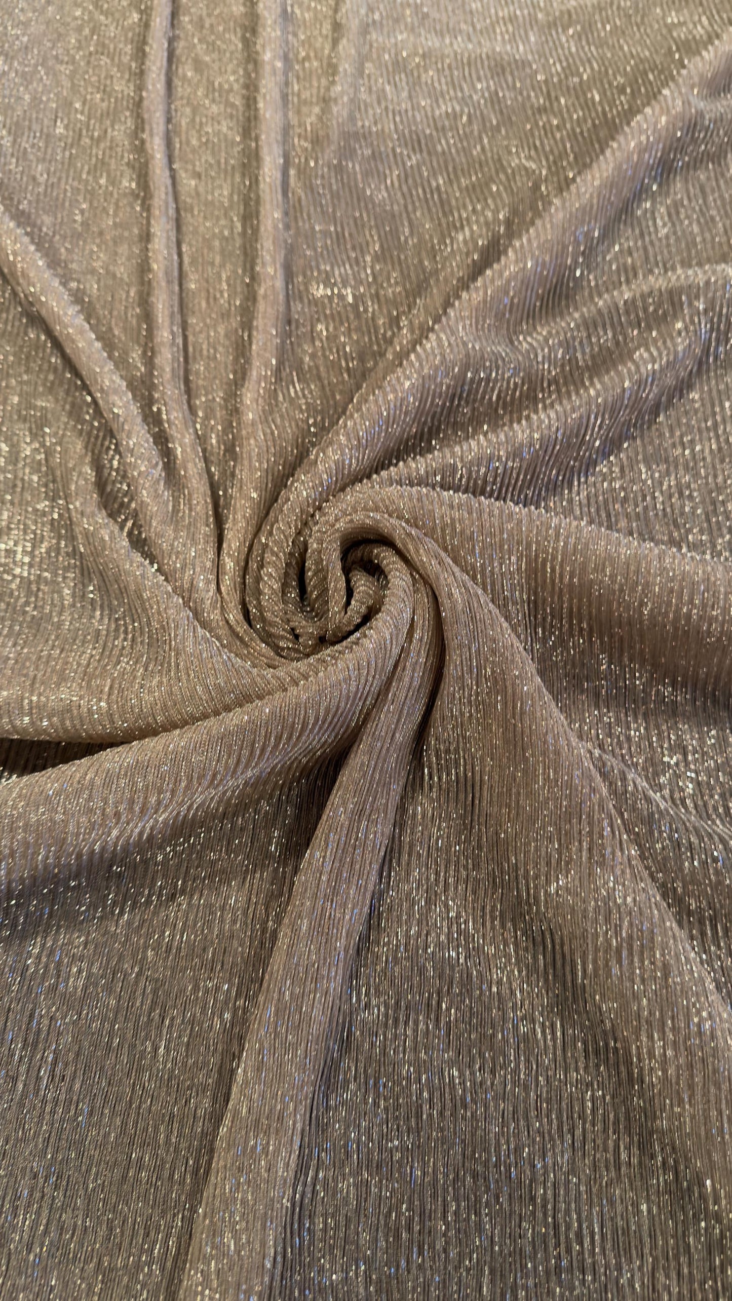 New Pleated metallic stretch mesh Blush color 4way stretch 58/60" Sold by the YD. Ships worldwide from Los Angeles California USA.