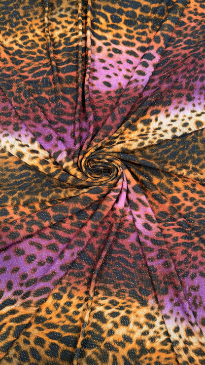 New Exotic Leopard design Metallic Lurex Poly Spandex 4Way Stretch 58/60" Sold BY The YD. Ships Worldwide From Los Angeles California USA.