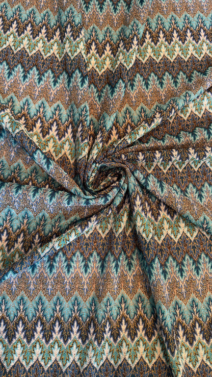 New Lace crochet design Teal/Gold  4-way stretch 58/60” Sold by the YD.