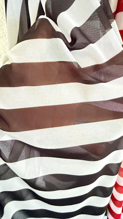 Stripes design 1” size Red/White & Black/White print on power mesh 4-way stretch 58/60” Sold by the YD. Ships Worldwide from Los Angeles CA