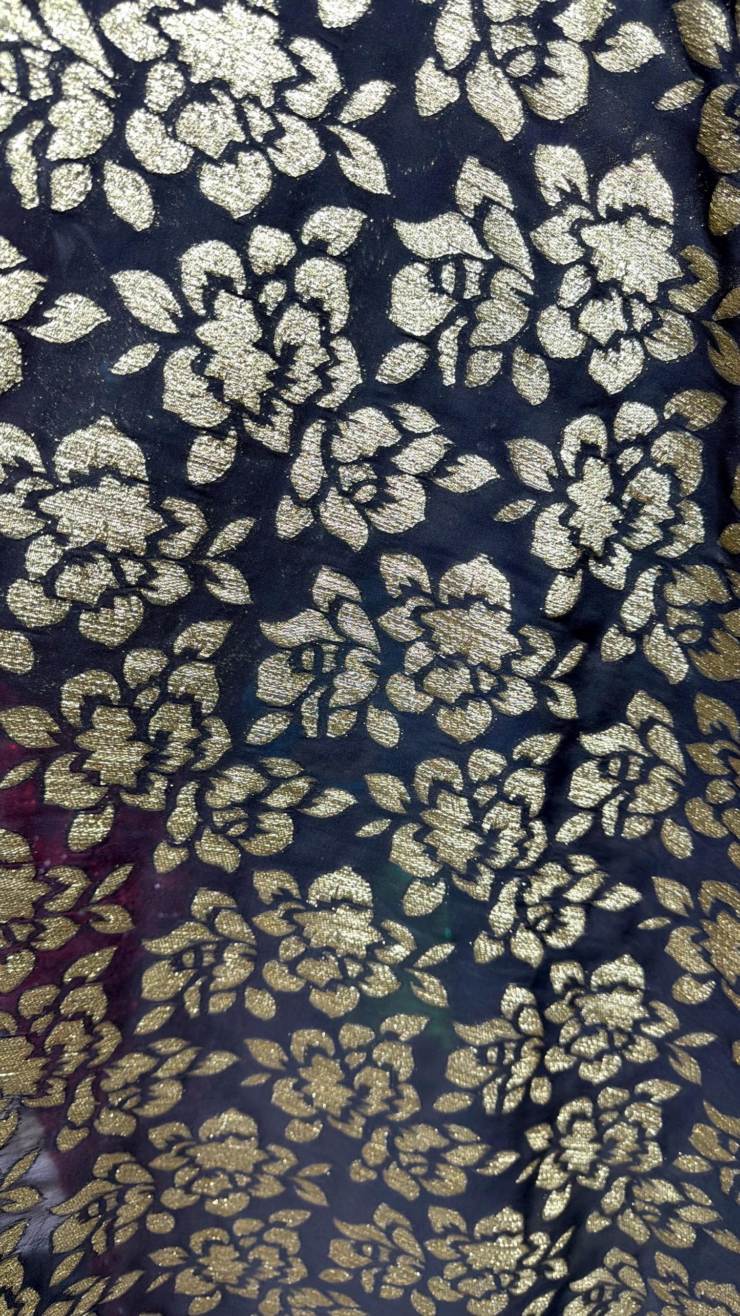 New Luxury burnout flower design silky metallic High multi Chiffon  Black/Gold non stretch 55/57” Sold by the YD. Ships Worldwide from LA CA