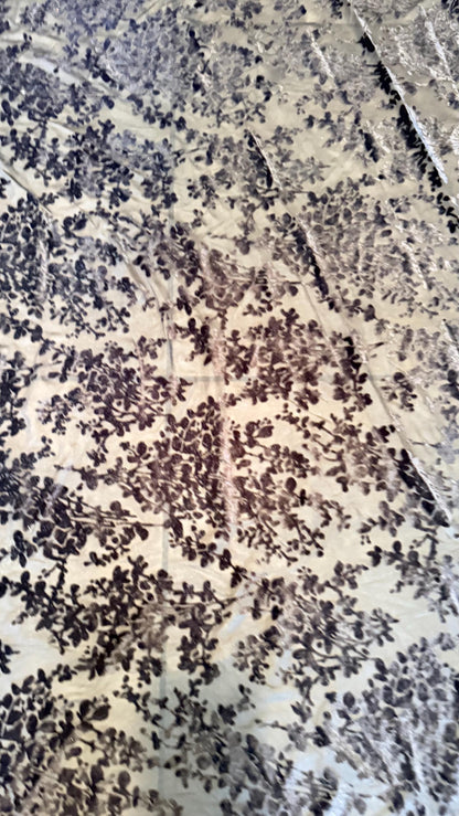 Burnout stretch velvet floral design Black color  Italian High quality 4way stretch 58/50" Sold by the YD. Ships worldwide