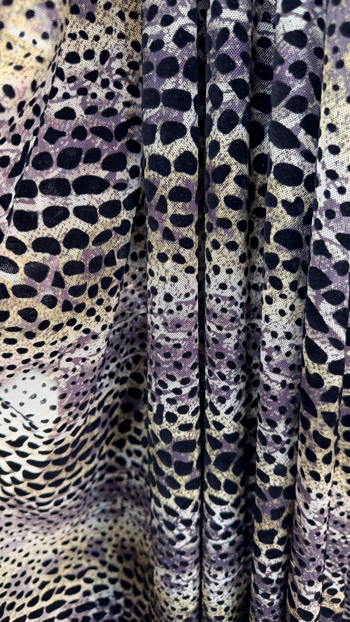 New Stretch mesh with flocking Exotic Animal design 58/60” 4-way stretch 58/60” Sold by the YD. Ships worldwide from Los Angeles California