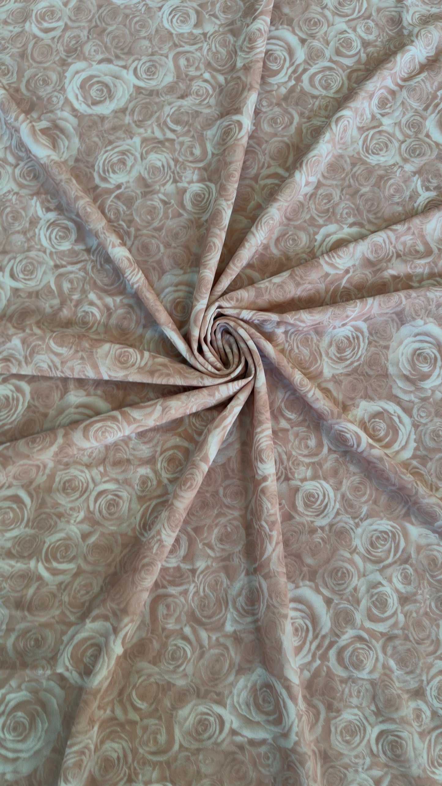 New Romantic Blush Rose design print on great quality of jumbo power mesh nylon spandex  4-way stretch 58/60” High Quality fabrics