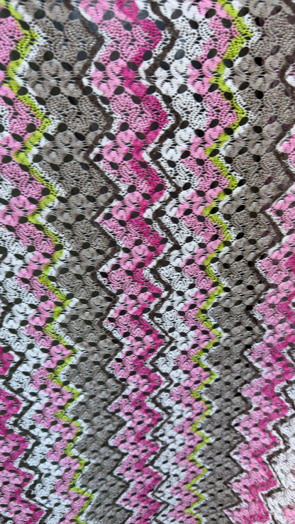 New lace crochet design Pink/ multicolor 2-way stretch 54/55” Sold by the YD. Ships worldwide from Los Angeles California USA