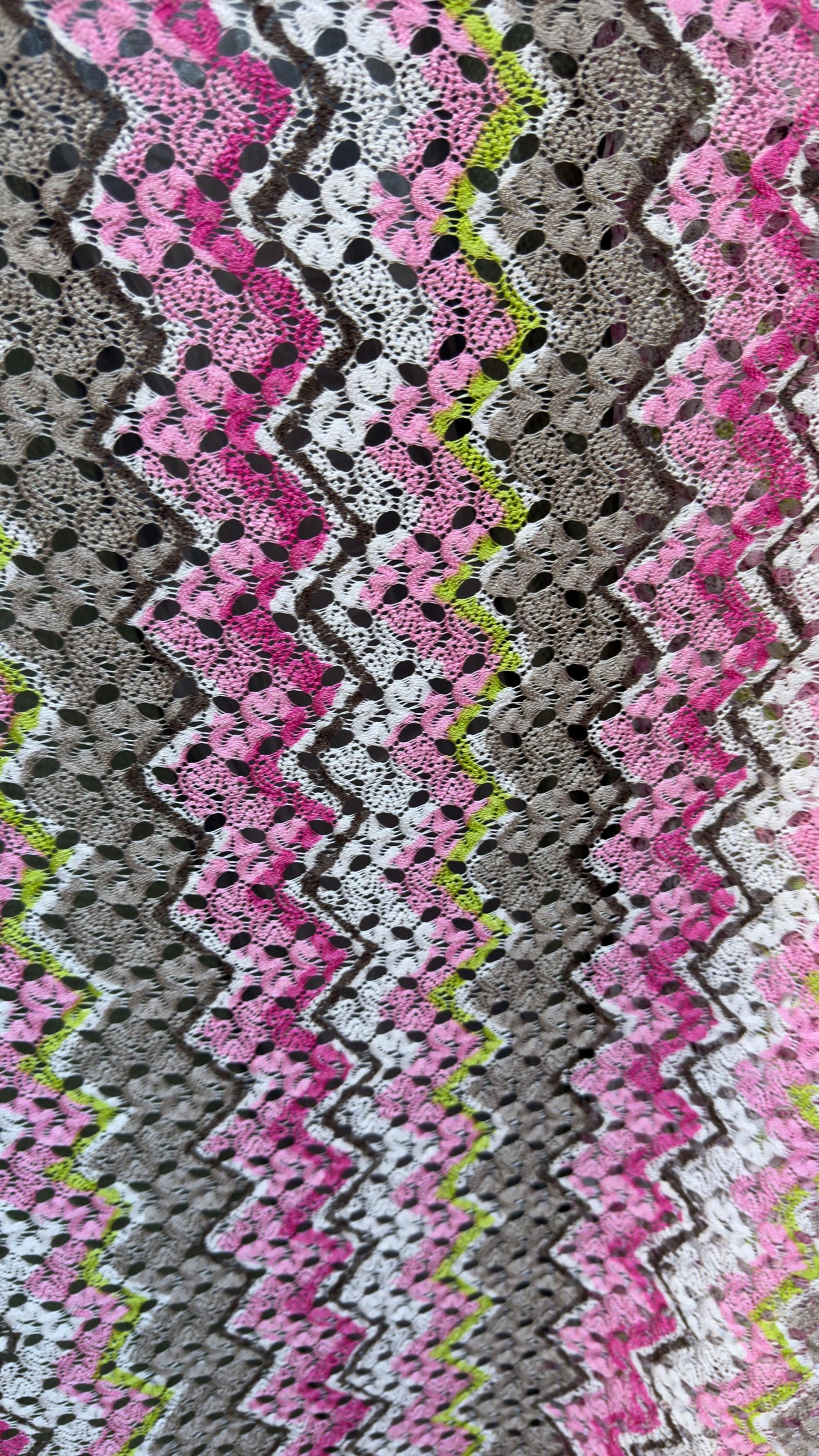 New lace crochet design Pink/ multicolor 2-way stretch 54/55” Sold by the YD. Ships worldwide from Los Angeles California USA