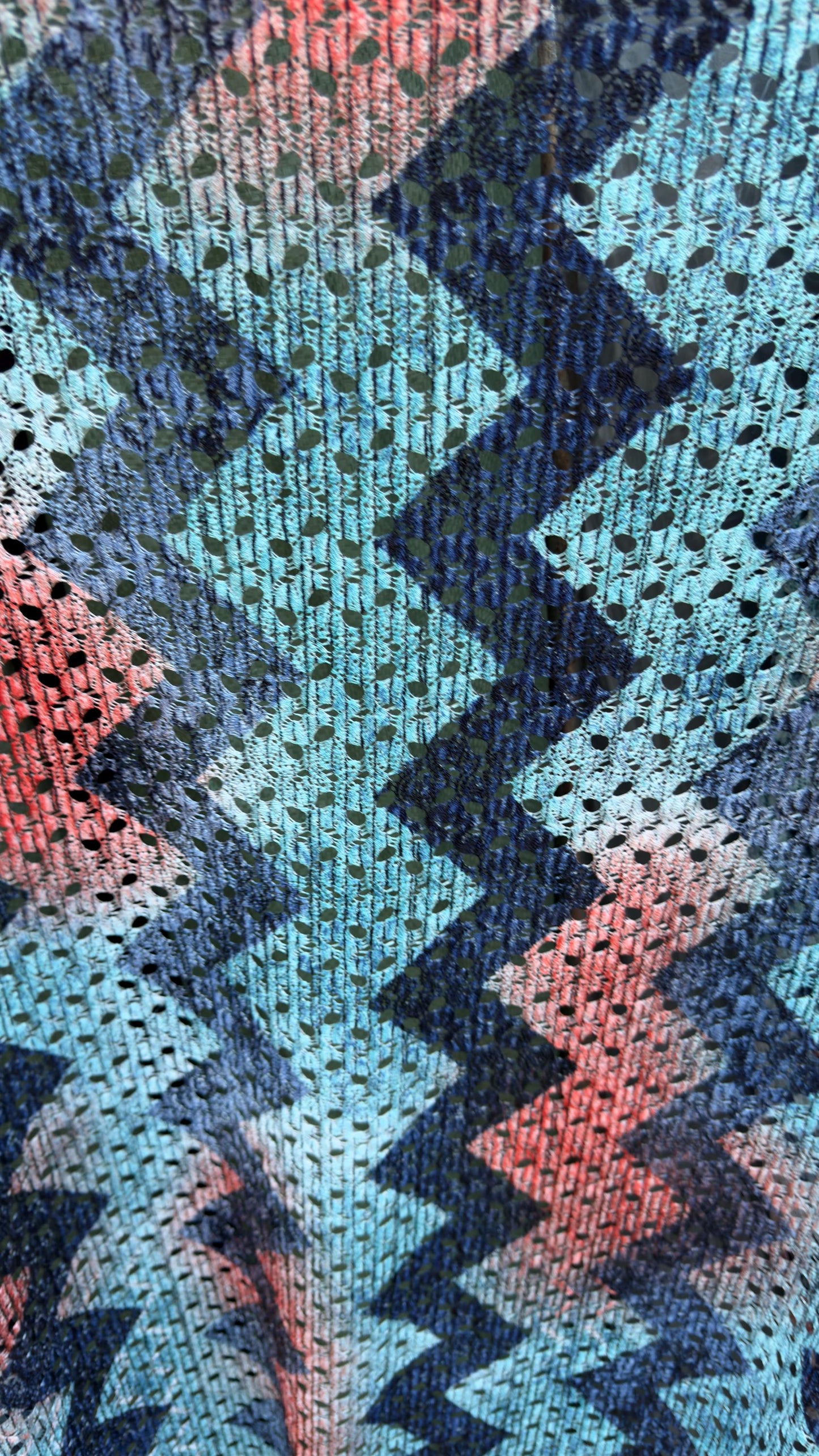 New lace crochet design Blue/multicolor 2-way stretch 54/55” Sold by the YD. Ships worldwide from Los Angeles California USA