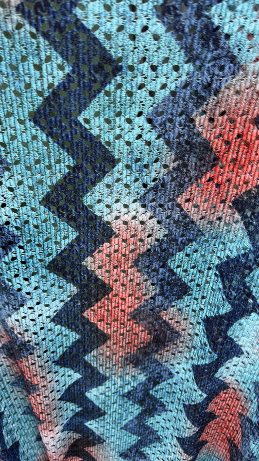 New lace crochet design Blue/multicolor 2-way stretch 54/55” Sold by the YD. Ships worldwide from Los Angeles California USA