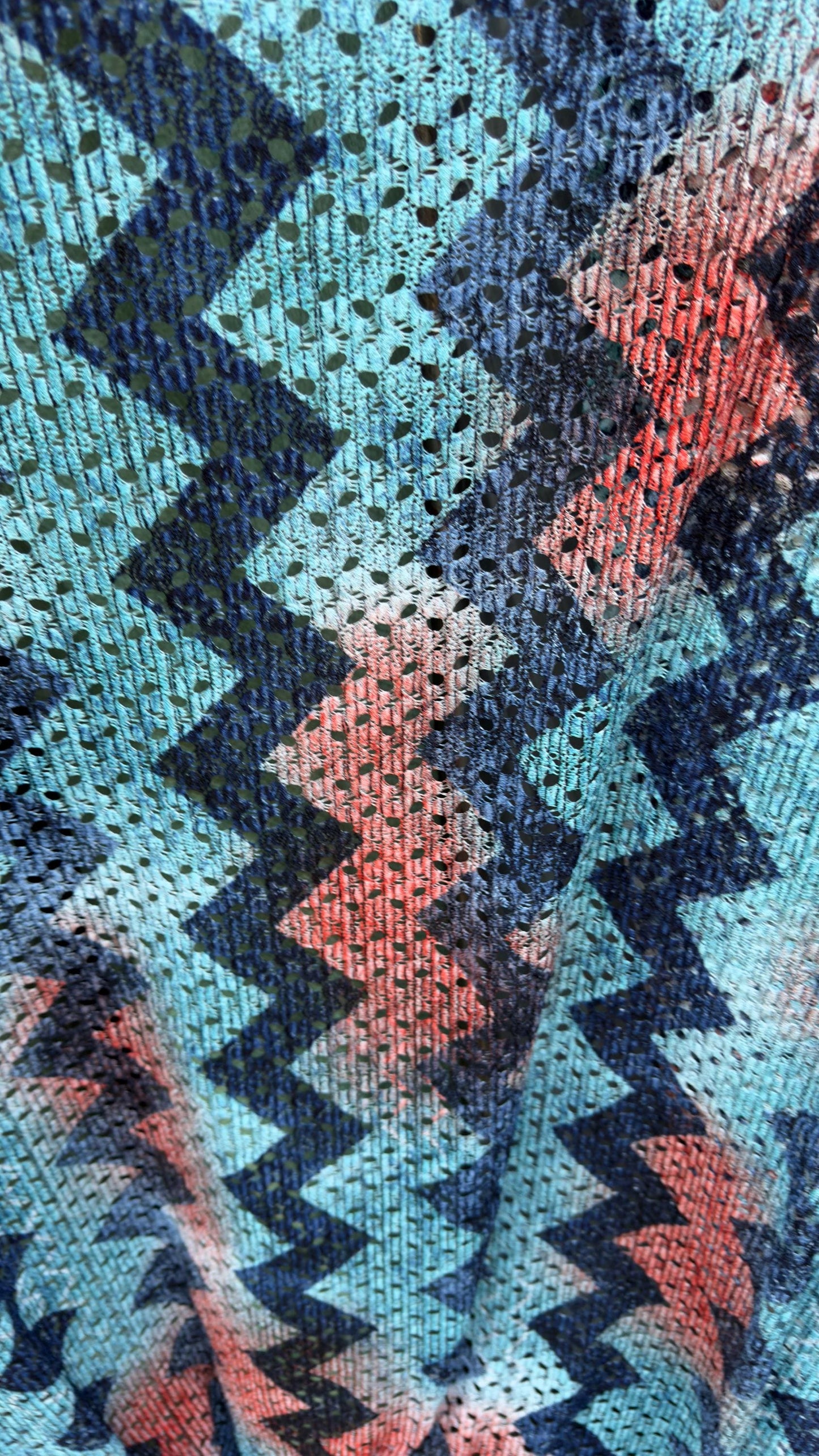 New lace crochet design Blue/multicolor 2-way stretch 54/55” Sold by the YD. Ships worldwide from Los Angeles California USA