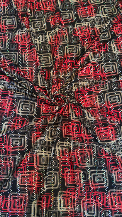 New modern geometric design poly spandex with holo sequins medium weight 2-way stretch 58/60” Sold by the YD. Ships worldwide