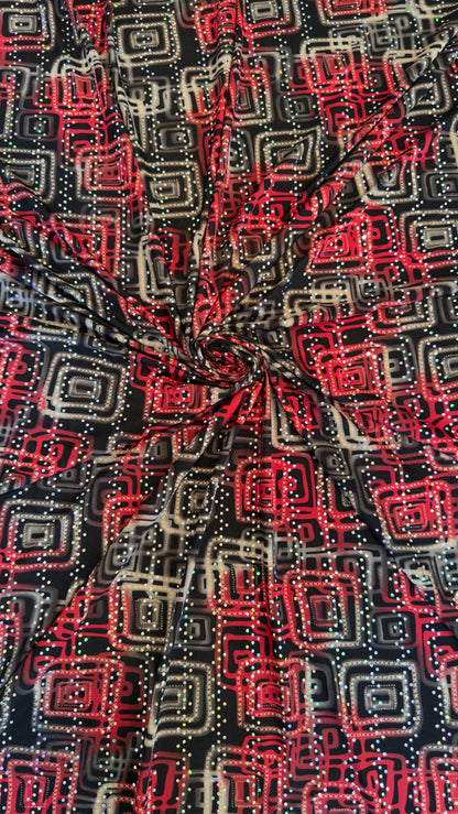 New modern geometric design poly spandex with holo sequins medium weight 2-way stretch 58/60” Sold by the YD. Ships worldwide