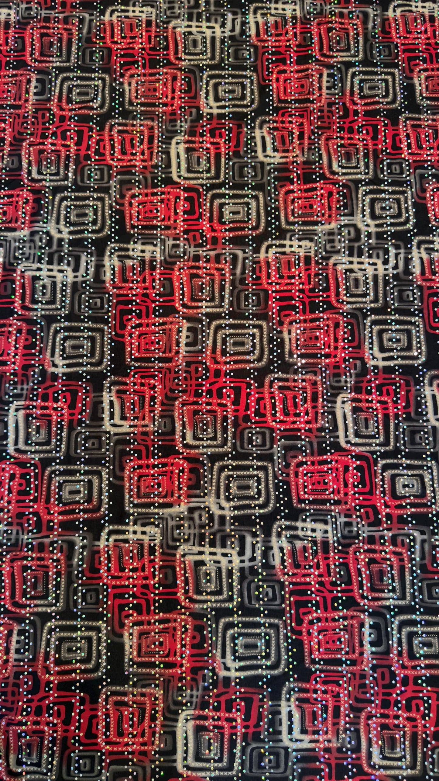 New modern geometric design poly spandex with holo sequins medium weight 2-way stretch 58/60” Sold by the YD. Ships worldwide