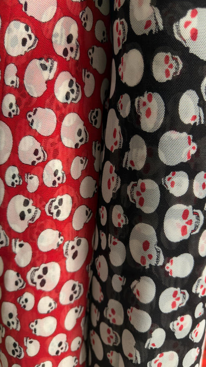 New Terminator skull desin on power mesh nylon spandex 4 way stretch 58/60" Sold by the YD. Ships worldwide from Los Angeles California USA.