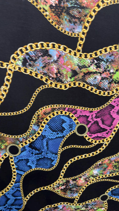 New brand fashion chain design print on great quality of cotton  spandex 4-way stretch 58/60” Sold by the YD.
