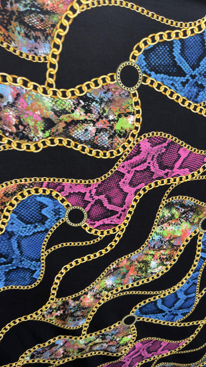 New brand fashion chain design print on great quality of cotton  spandex 4-way stretch 58/60” Sold by the YD.