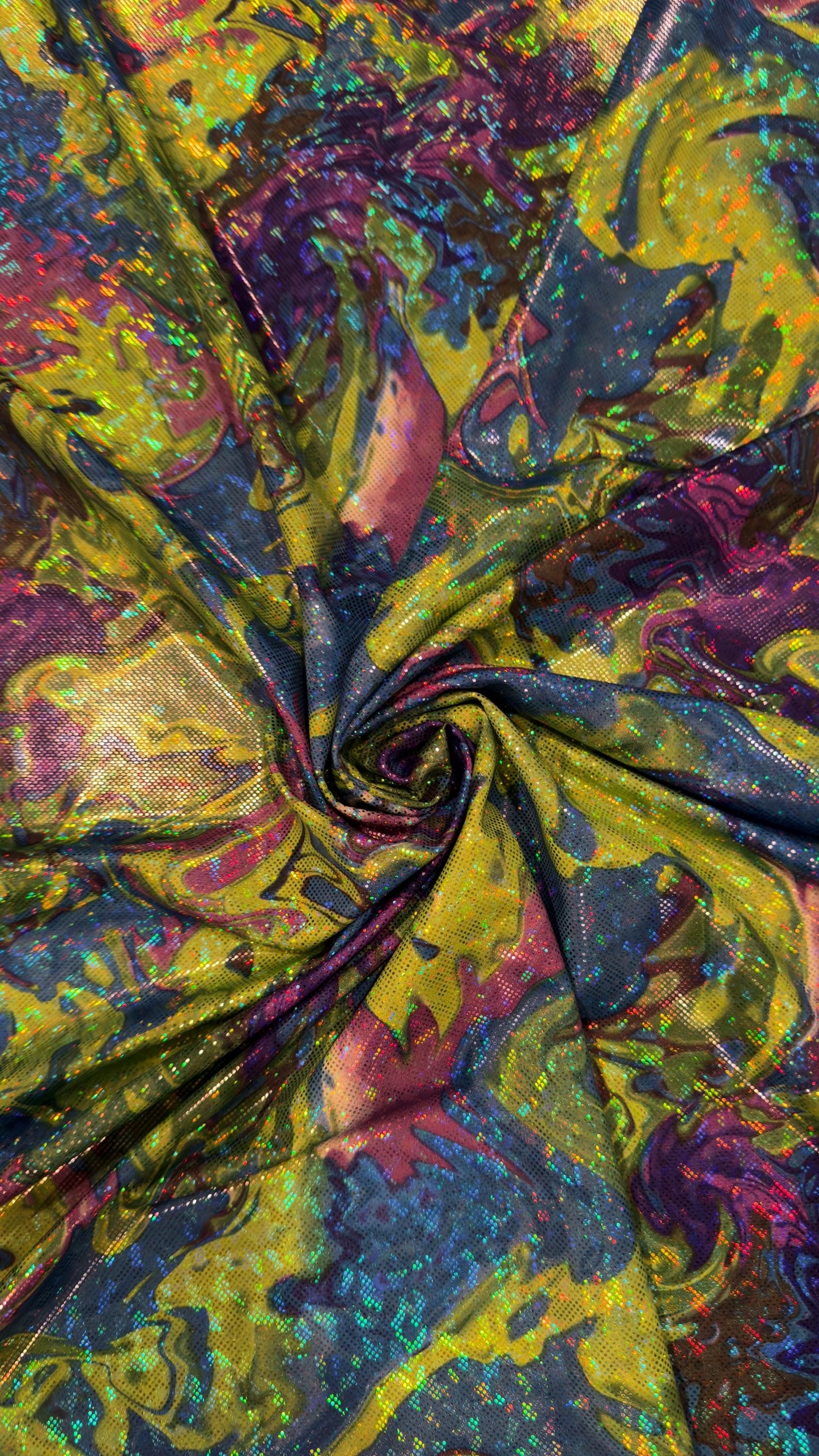 New Abstract Lava design hologram metallic nylon spandex 4way stretch 58/60" Sold by the YD. Ships worldwide from Los Angeles California USA