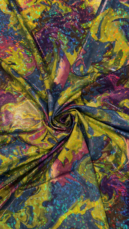 New Abstract Lava design hologram metallic nylon spandex 4way stretch 58/60" Sold by the YD. Ships worldwide from Los Angeles California USA