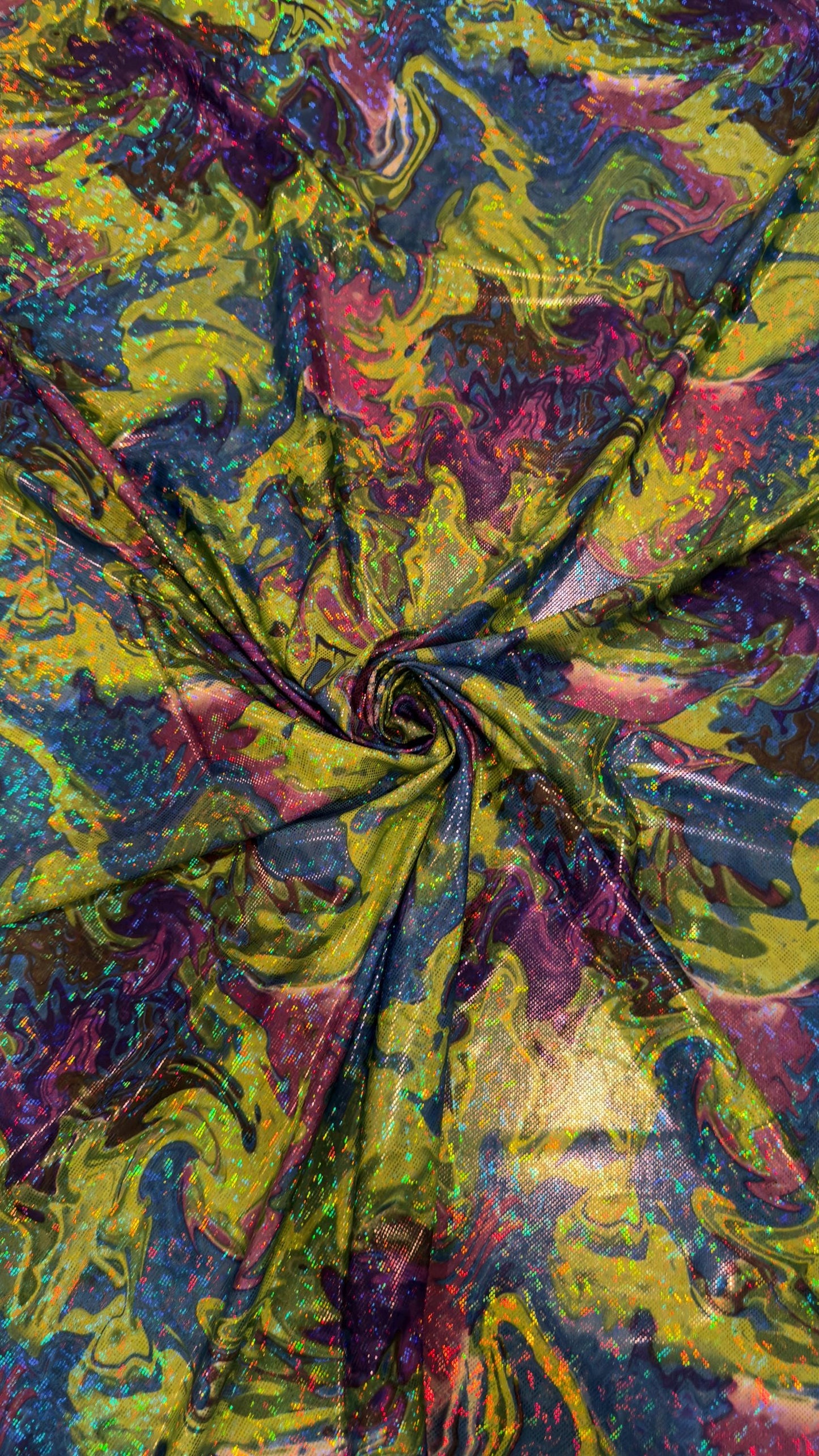 New Abstract Lava design hologram metallic nylon spandex 4way stretch 58/60" Sold by the YD. Ships worldwide from Los Angeles California USA