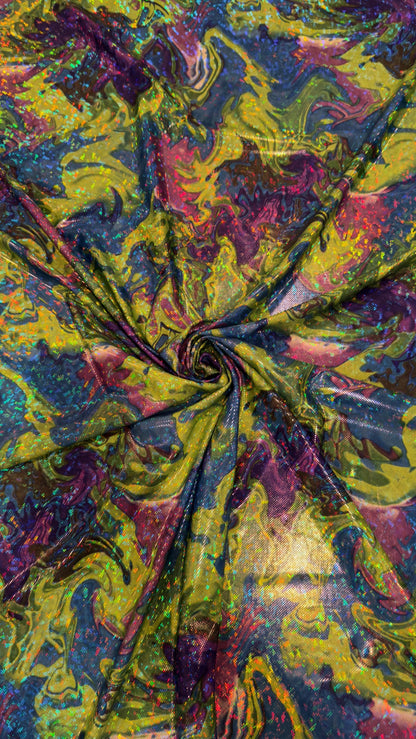 New Abstract Lava design hologram metallic nylon spandex 4way stretch 58/60" Sold by the YD. Ships worldwide from Los Angeles California USA